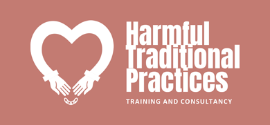 Harmful traditional practices logo with two hands forming a heart symbol representing training and consultancy on combating harmful practices for better communities